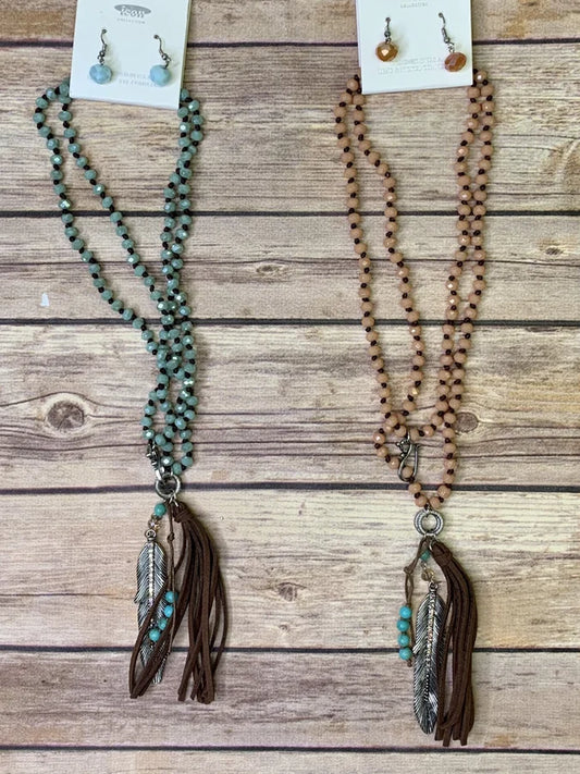 Beaded Necklace/Earrings Set w/ Leather Tassel & Feather Pendant