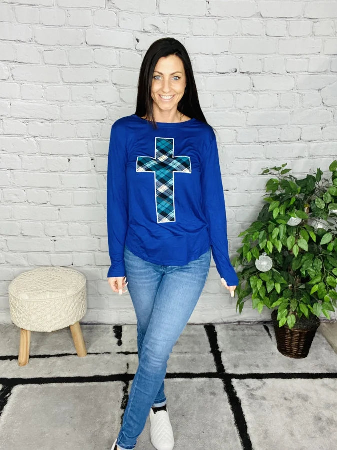 Embroidered Blue Plaid Cross Patch Long Sleeve Top