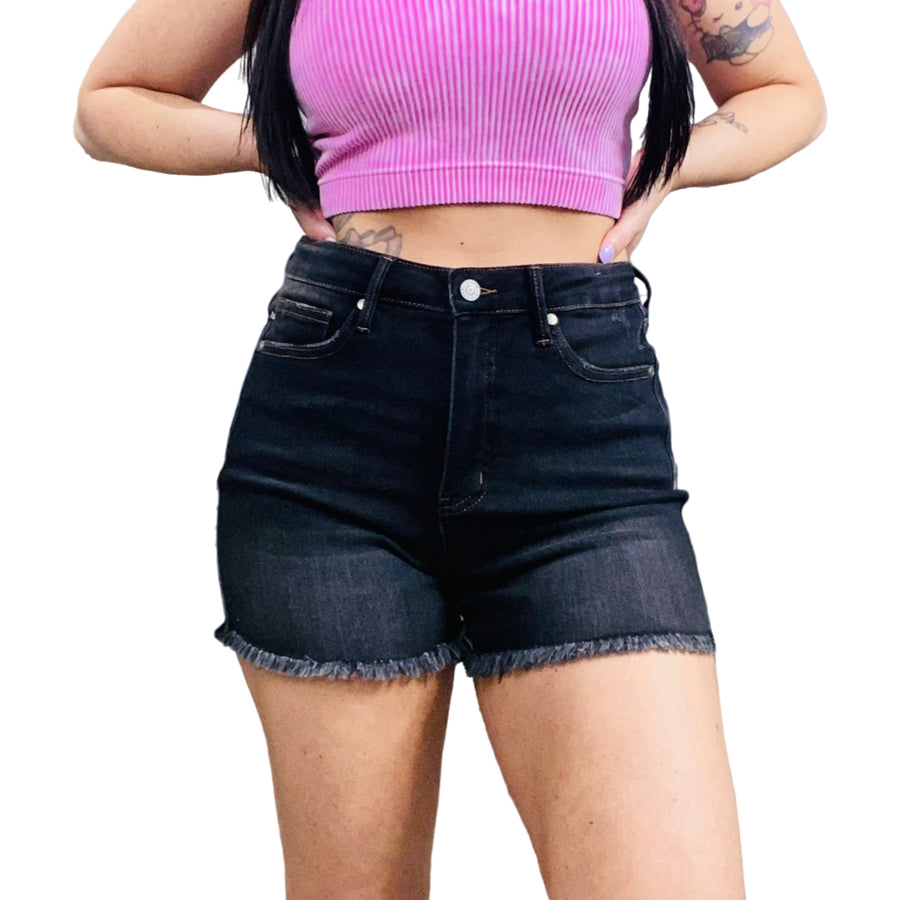 Judy Blue - "Carmen" Black High-Waisted Tummy Control Frayed Hem Shorts