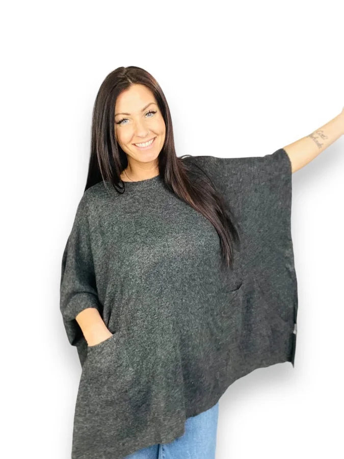 Charcoal Poncho-Style Sweater w/ Pockets