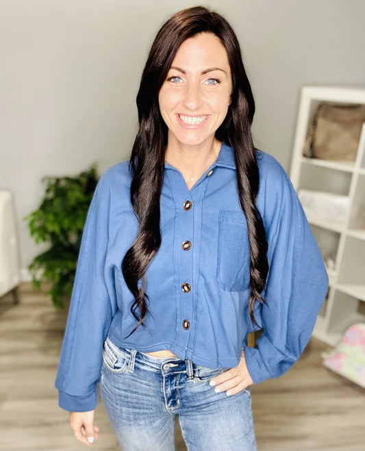 Reg. Dark Blue Button-Down Dolman Sleeve Shacket