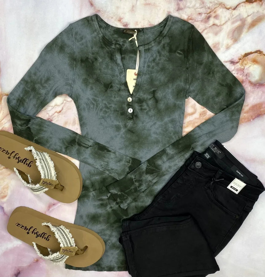 Slate Grey/Forest Green Tie Dye Long Sleeve Top w/ Button Detail