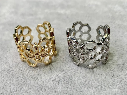 Honeycomb Adjustable Ring w/ Dangling Bee Charm