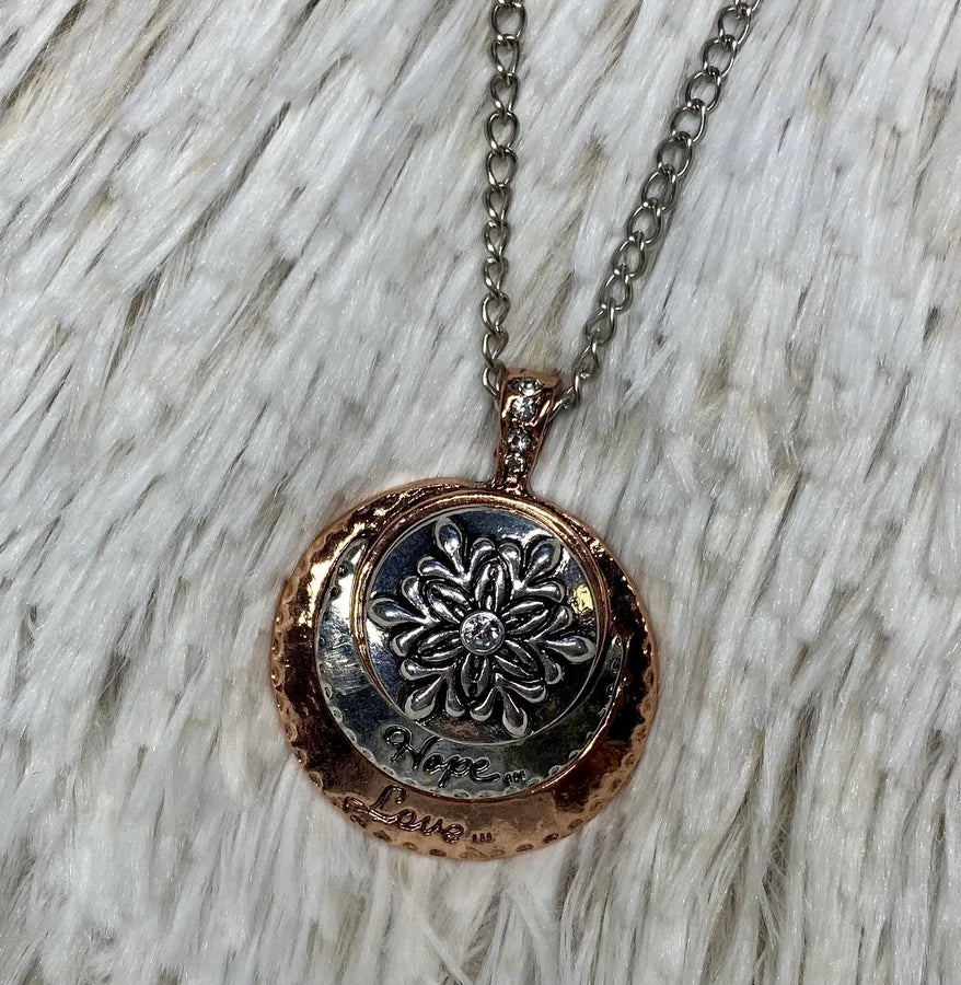 Rose Gold & Gold "Hope, Love" Pendant w/ Silver Chain & Flower Snap