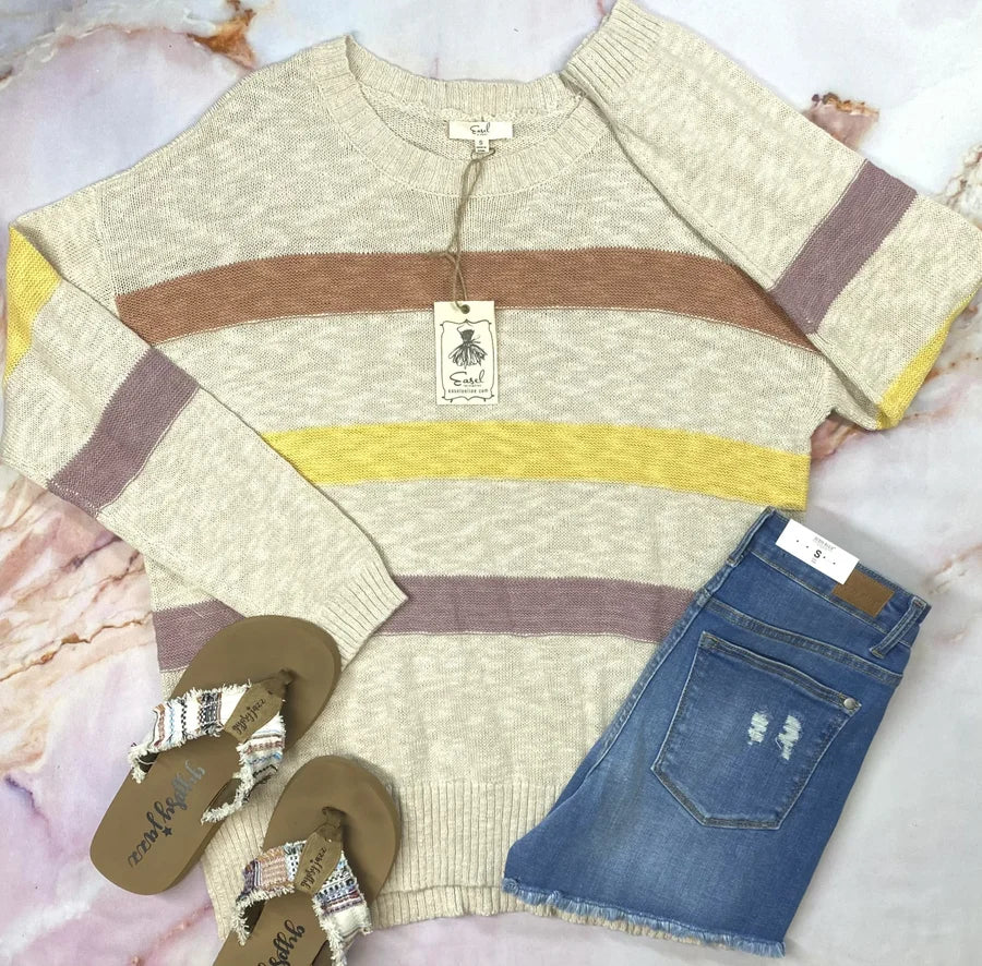 OATMEAL LONG SLEEVE MULTI COLOR STRIPE TOP