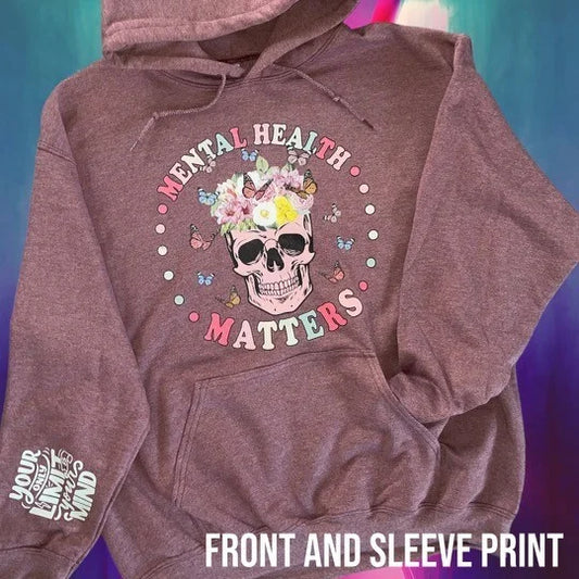 "Mental Health Matters" Butterfly Skull T Shirt/Crewneck/Hoodie w/ Sleeve Print