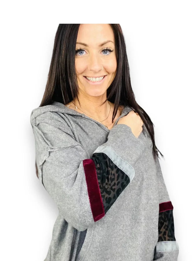 Charcoal Hoodie w/ Velvet Cheetah Sleeve Detail