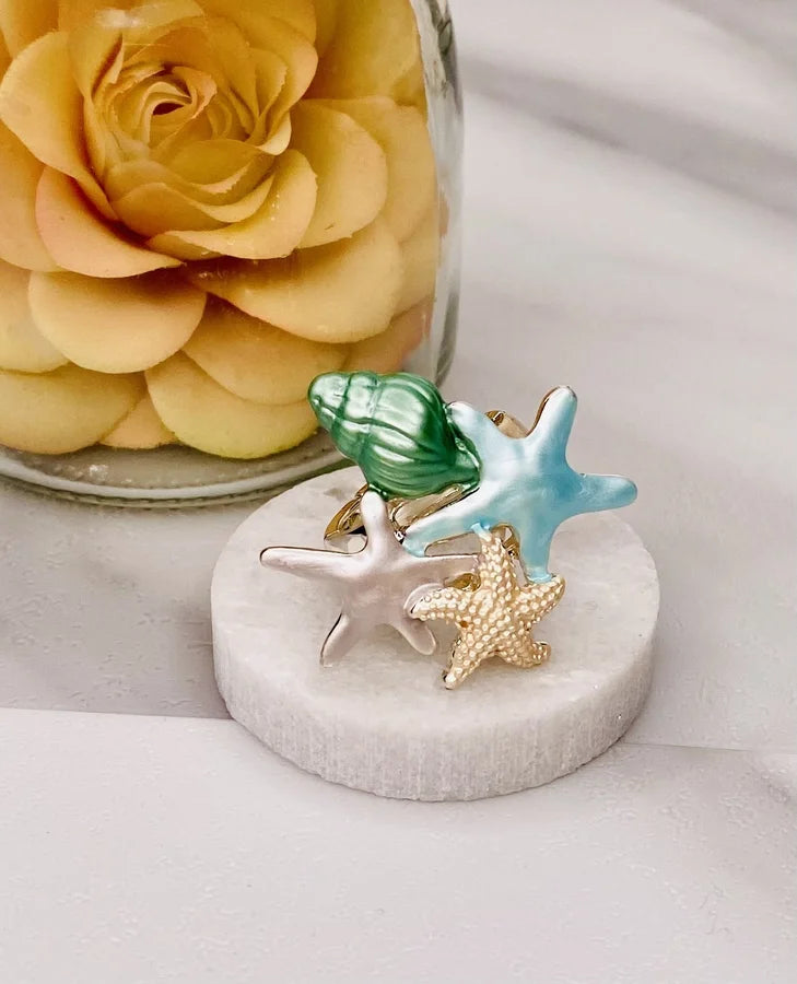 Aqua Sea Shell/Sea Star Elastic Ring by Periwinkle