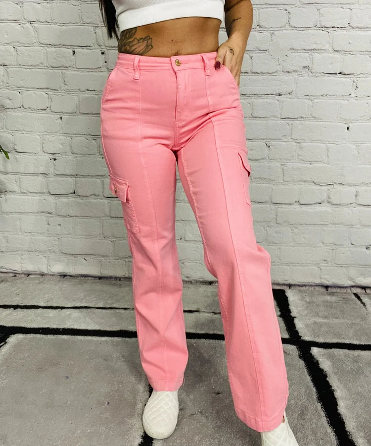 Judy Blue - "Penelope" Pink High-Waisted Cargo Straight Leg Jeans