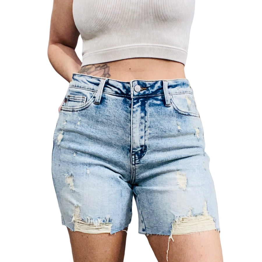 Judy Blue - "Mariah" Light Blue High-Waisted Mineral Wash Destroyed Boyfriend Shorts