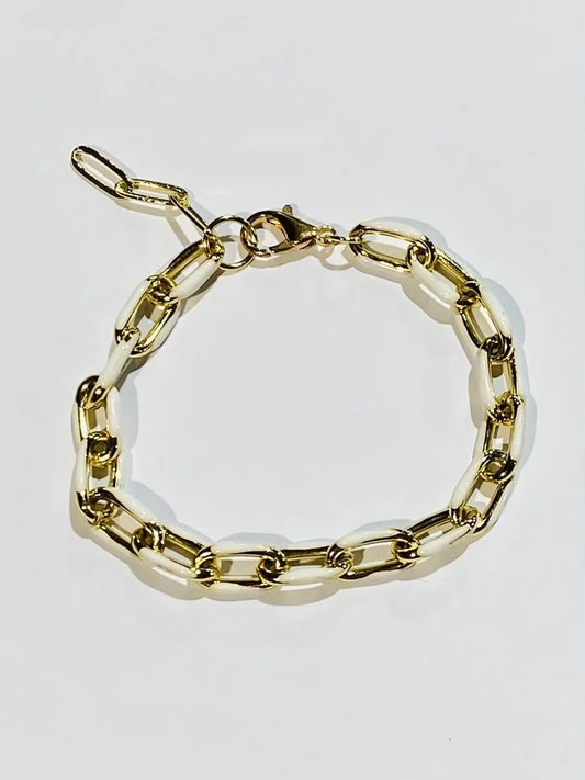 Gold Plated Oval Link Bracelet w/ White Enamel - 7" +1