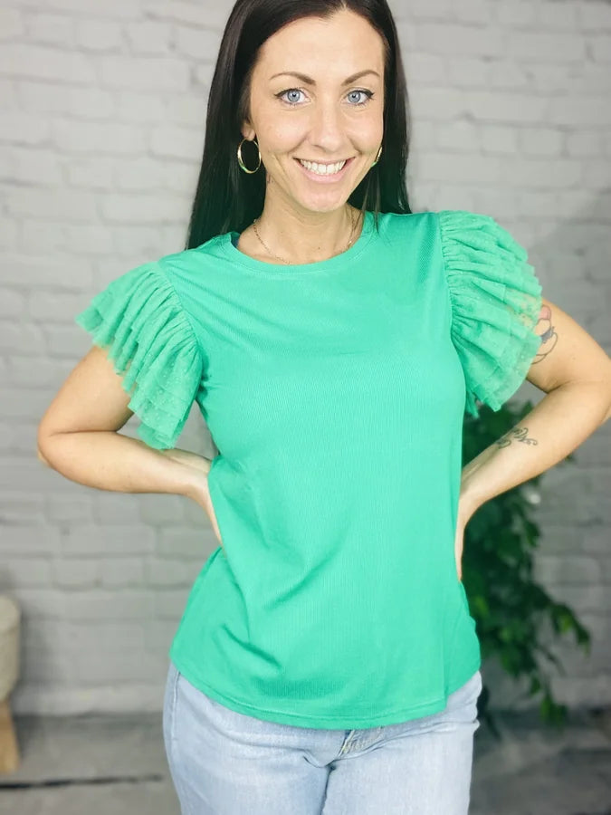 "Spring Fever" Kelly Green Ruffled Short Sleeve Top