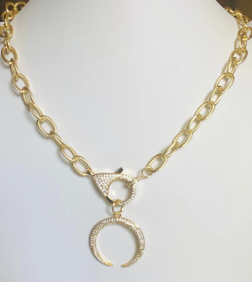 18 Kt. Gold Link Chain w/ Pave Cubic Zirconia Moon Pendant & Closure - 18"