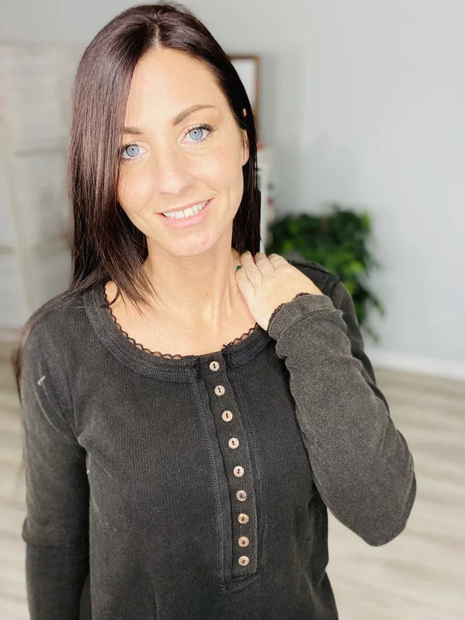 Reg/Plus Black Ribbed Washed Henley Long Sleeve Top