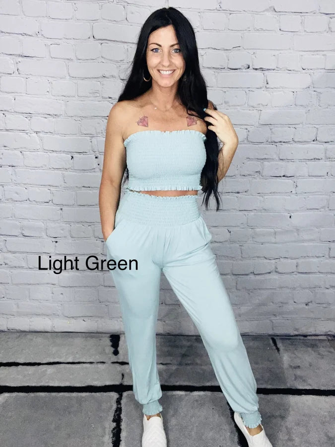 "Slay the Day" Smocked Tube Top and Joggers Set Multiple Colors 1 of 2