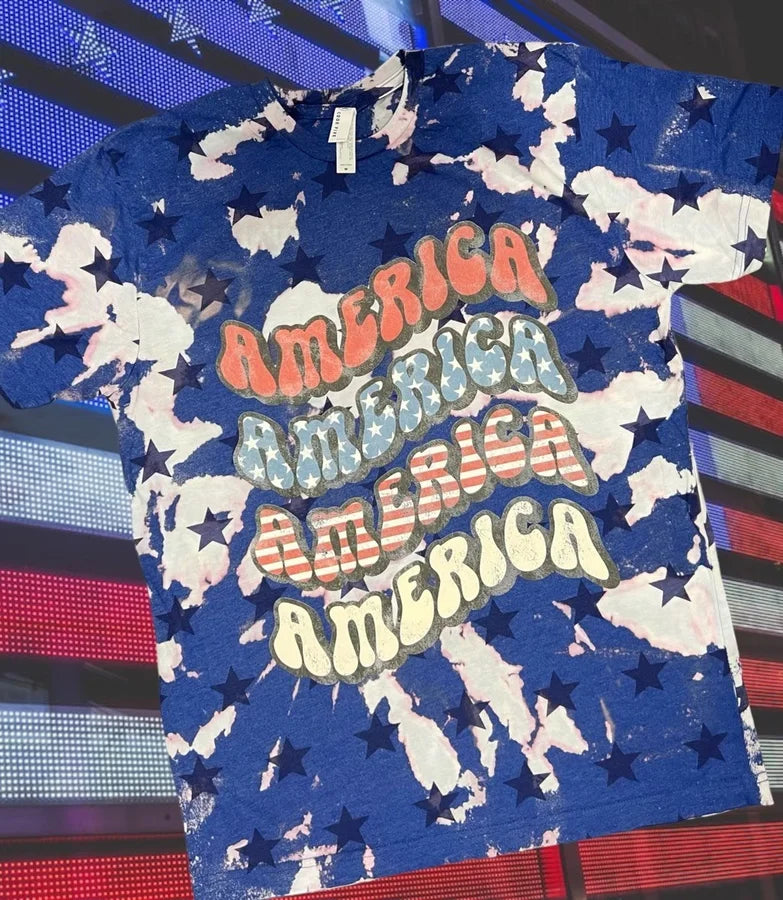 "America x 4" Royal Blue Bleached Star Short Sleeve T Shirt