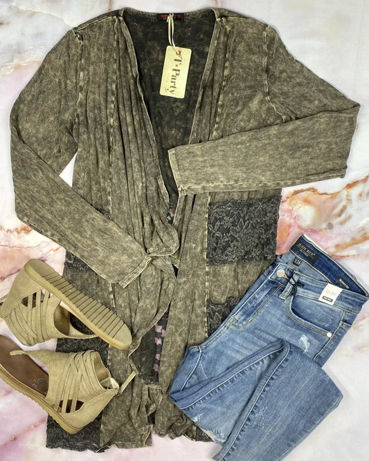 Brown Mineral Wash Cardigan w/ Floral Lace Contrast