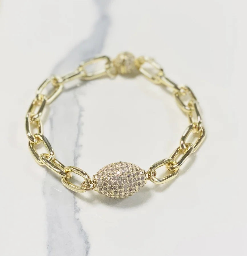 Gold Plated Link Cubic Zirconia Oval Bracelet - 7"