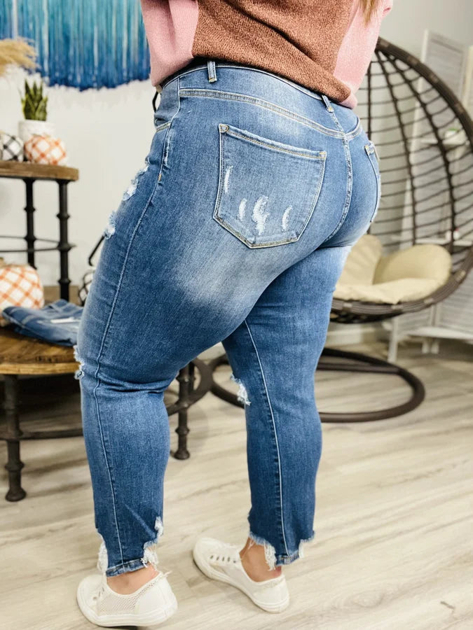 "Venus" Crossover Distressed Girlfriend Jeans -  Reg/Plus