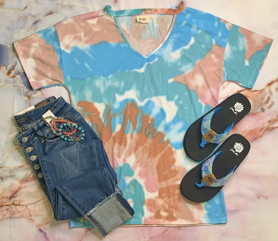 Blue/Peach Tie Dye Short Sleeve Top w/ Keyhole