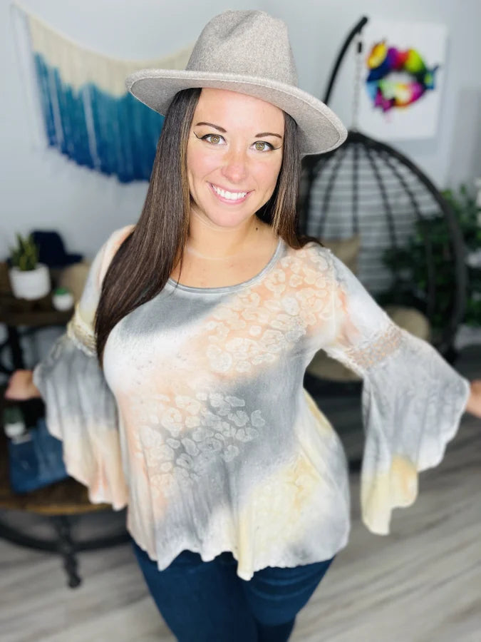 Reg. Peach/Grey Leopard Tie Dye Bell Sleeve Top