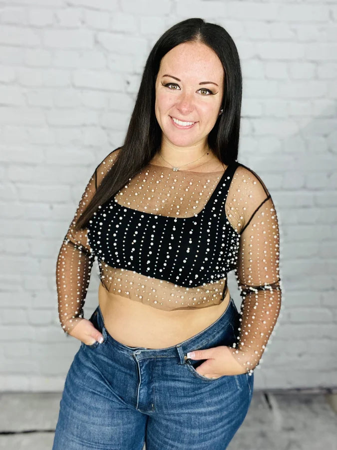 "Glamorous Gal" Pearl Beaded Mesh Top - Reg/Plus (Multiple Colors) (undershirt not included)