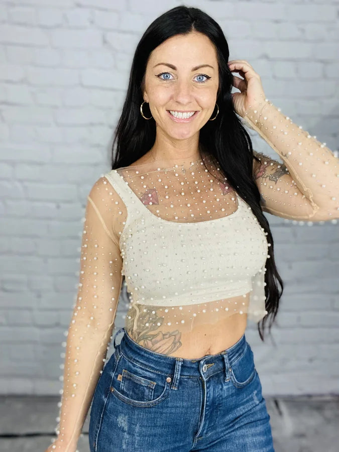 "Glamorous Gal" Pearl Beaded Mesh Top - Reg/Plus (Multiple Colors) (undershirt not included)