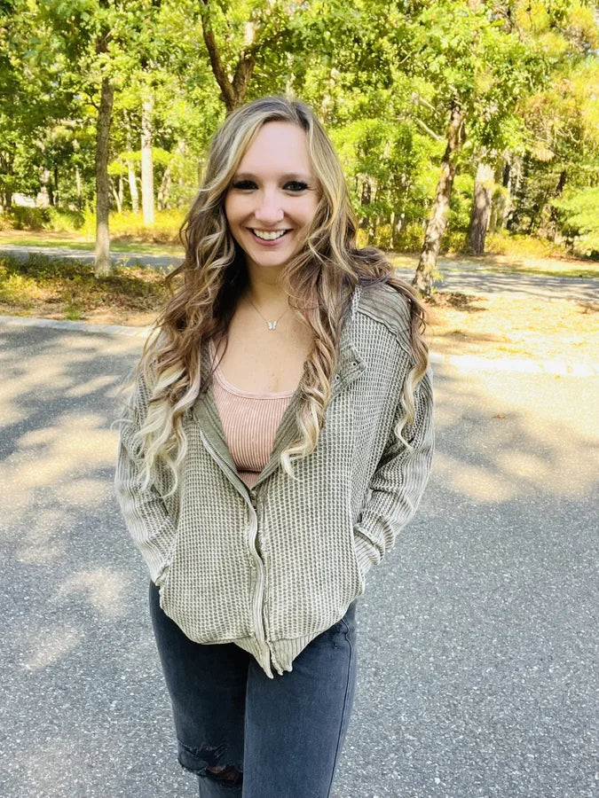 "Time of Your Life" Acid Wash Waffle Knit Zippered Hoodie (Multiple Colors)