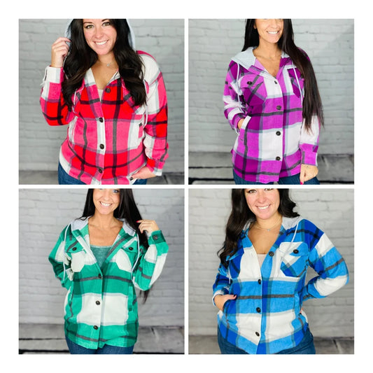 "Check It Out" Plaid Hoodie Shacket (Multiple Colors)