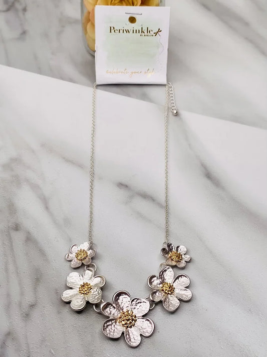 Pearl Silver Floral Necklace by Periwinkle