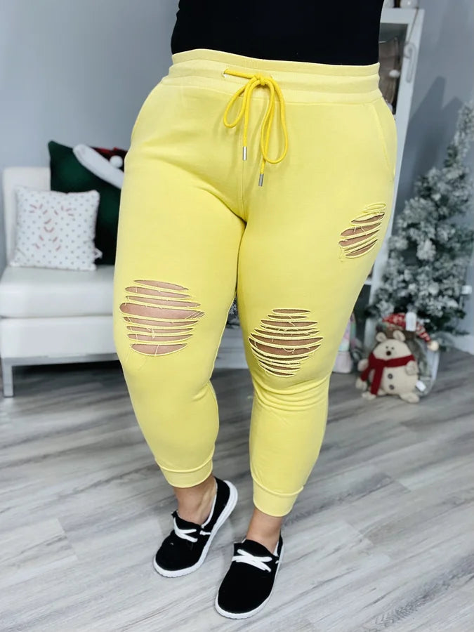 Reg/Plus Golden Yellow Distressed Joggers w/ Drawstring & Pockets