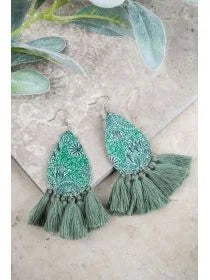 Pretty Paisley Green Leather Earrings w/ Tassel