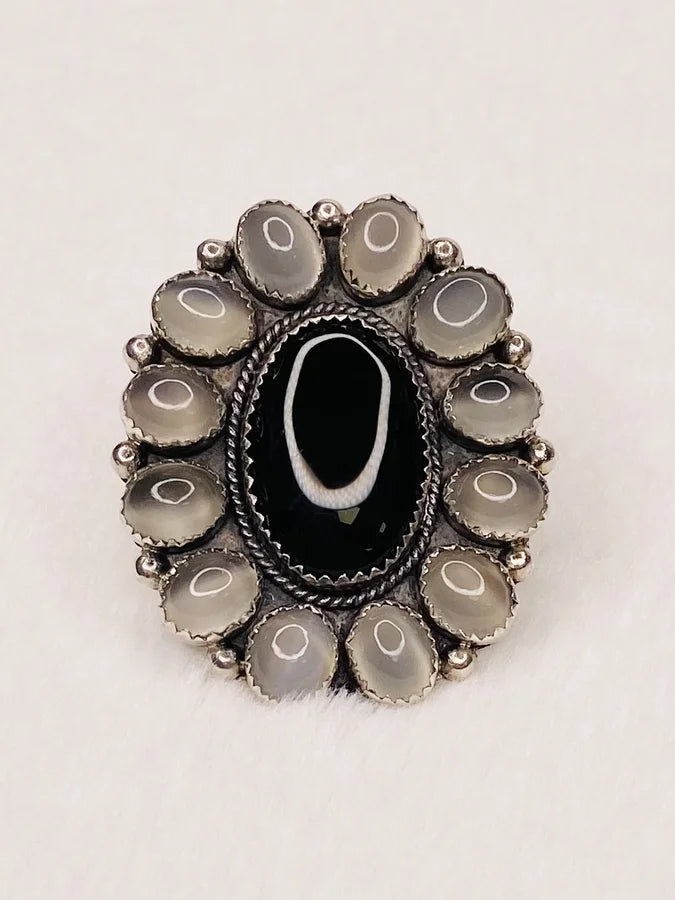 Natural Black Onyx & Moon Stone Sterling Silver Ring - Size 7.25