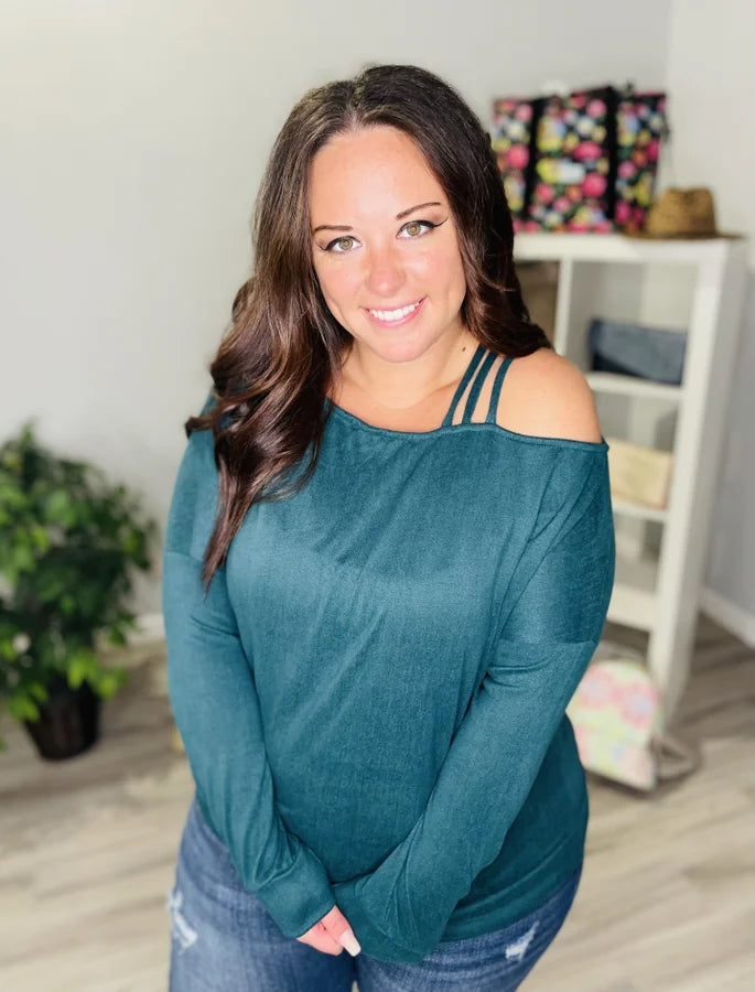 Reg/Plus Hunter Green Long Sleeve Strappy Cold Shoulder Top