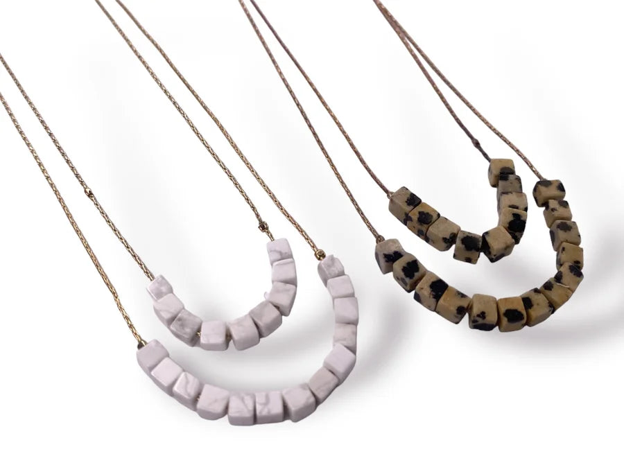 Double Layered Natural Stone Cube Beaded Necklace