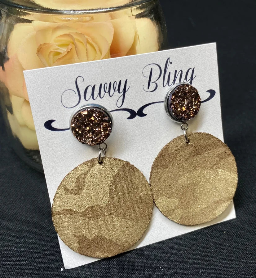 Savvy Bling Brown Camo Shimmer Leather Earrings w/ Brown Druzy Detail