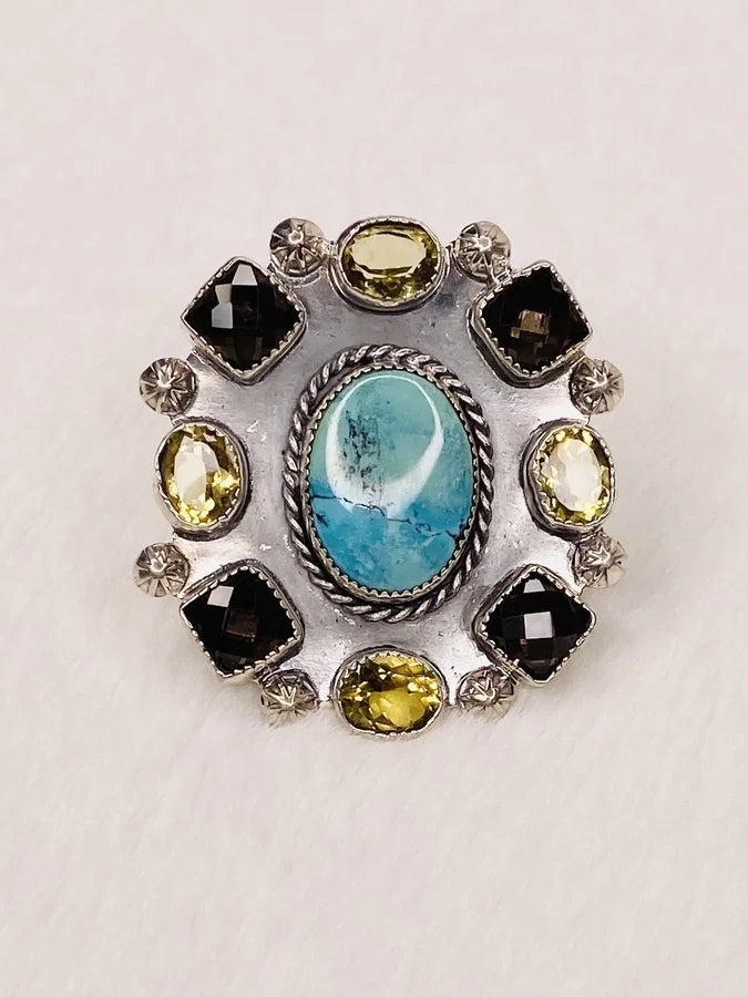 Natural Turquoise, Lemon Quartz, & Smoky Quartz Sterling Silver Ring - Size 8