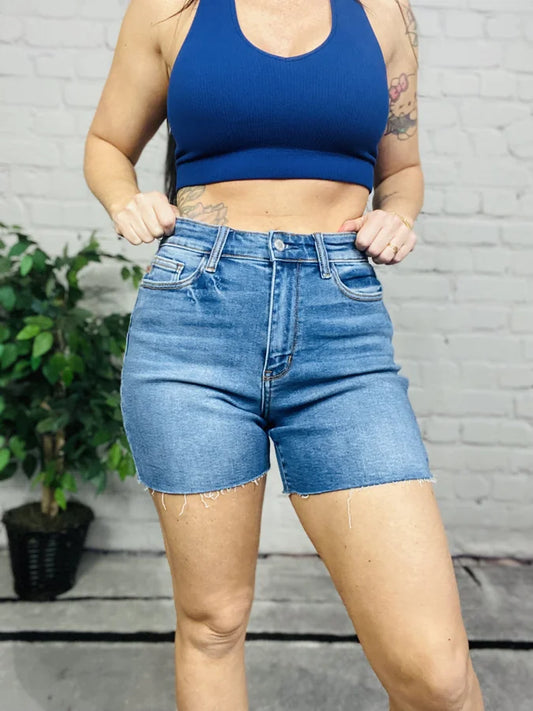 Judy Blue - "Helen" Medium Blue High-Waisted Cutoff Shorts