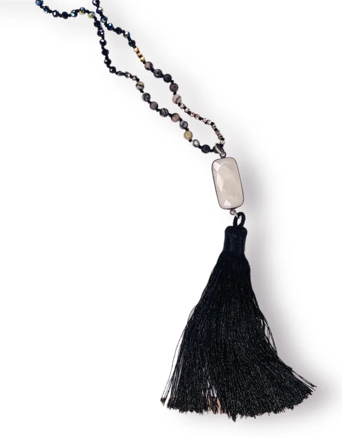 Tabassum Black Iridescent Crystal Necklace w/ Black Satin Tassel & Large Moonstone