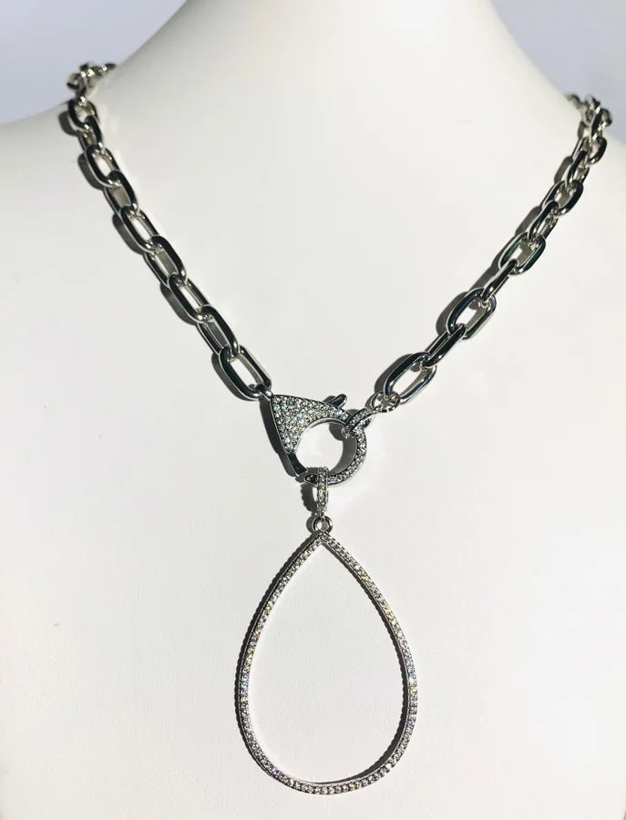 Rhodium Plated Paperclip Link Chain w/ Pear Pave Cubic Zirconia Pendant - 18-19"