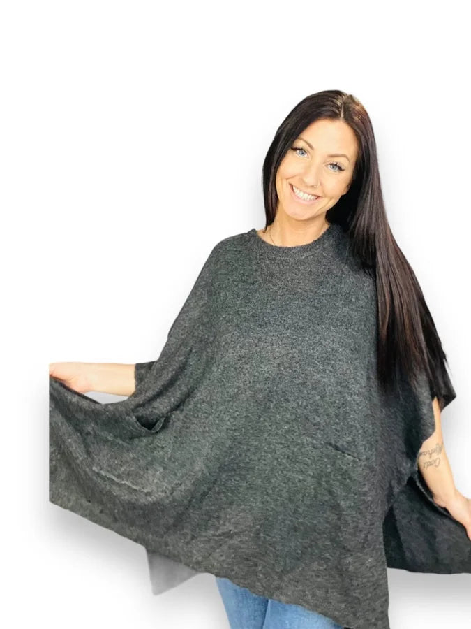 Charcoal Poncho-Style Sweater w/ Pockets