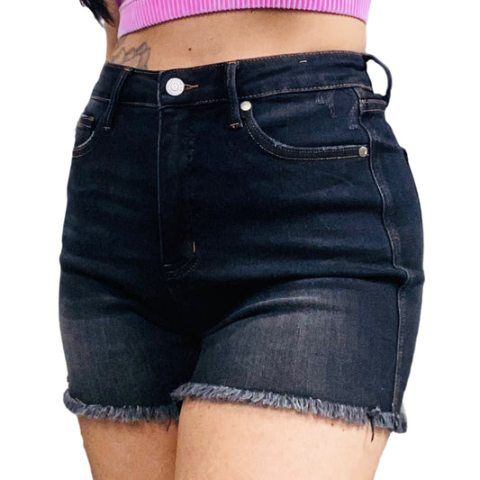 Judy Blue - "Carmen" Black High-Waisted Tummy Control Frayed Hem Shorts