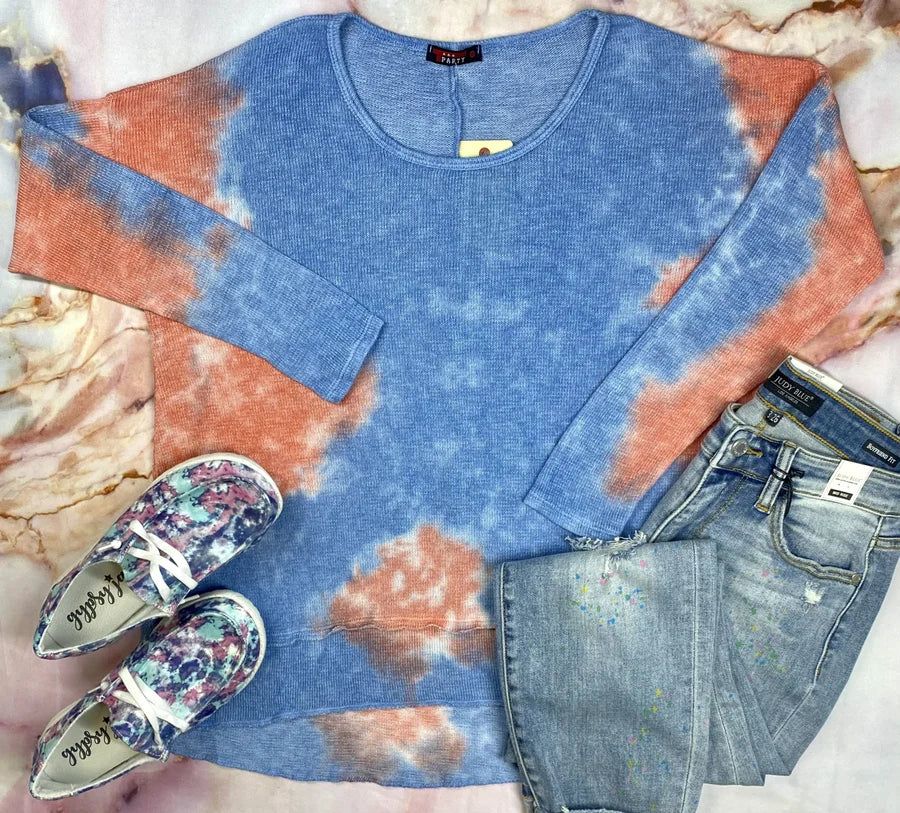 Coral Red/Blue Tie Dye Long Sleeve Top w/ Raw Edge