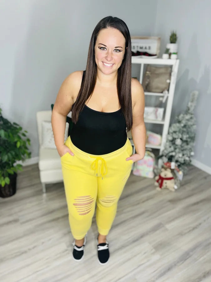 Reg/Plus Golden Yellow Distressed Joggers w/ Drawstring & Pockets