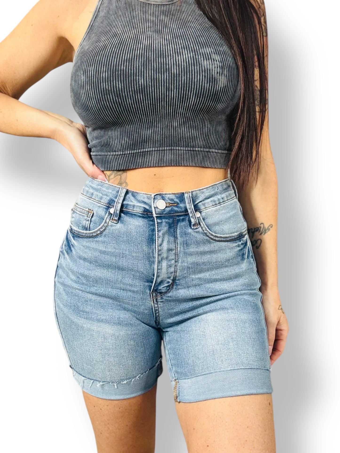 Judy Blue - "Cheryl" Medium Blue High-Waisted Cooling Tummy Control Shorts