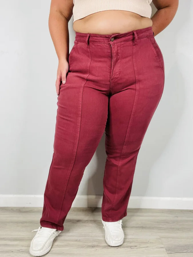 Judy Blue - "Scarlett" Burgundy High-Waisted Front Seam Straight Leg Jeans