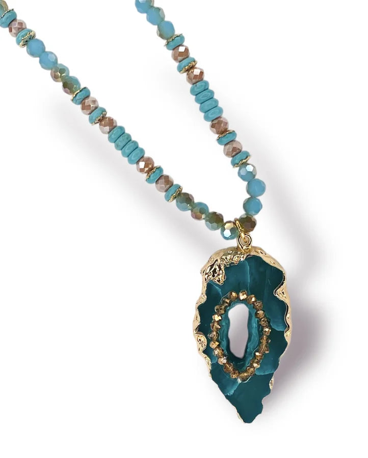 Just My Style Beaded Necklace w/ Turquoise Stone & Bead Pendant