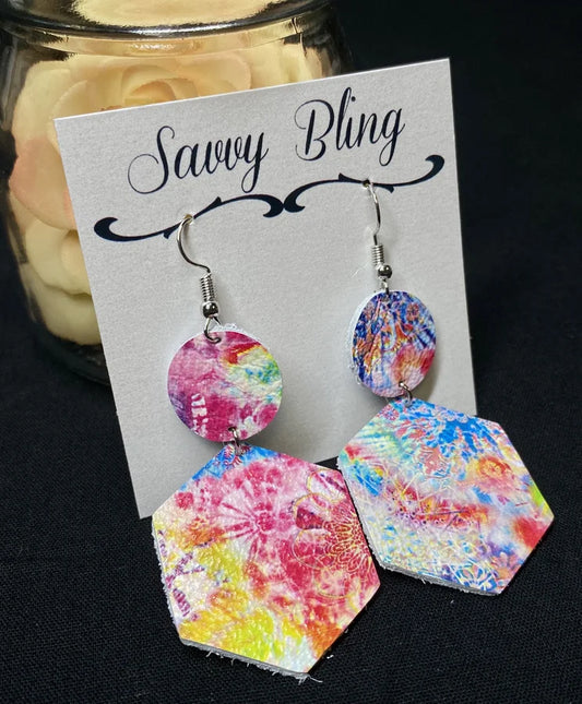 Savvy Bling Tie Dye Hexagon Leather Earrings