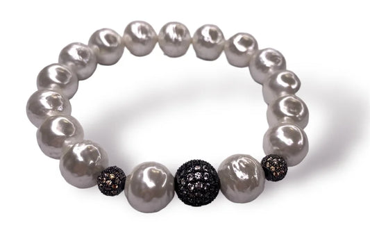 10MM Shell Pearl Bead w/ Cubic Zirconia Fire Ball Bracelet - 7-8"