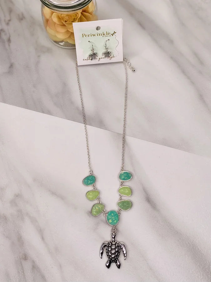 Silver Necklace/Earrings Set w/ Sea Turtles & Green Stones by Periwinkle